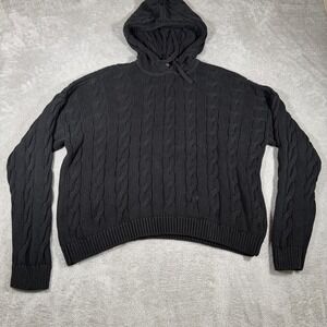 Lauren Ralph Lauren Sweater Womens Large Black Cable Knit Hooded Pullover Hoodie